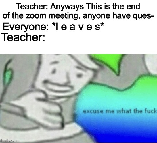 Excuse me wtf blank template | Teacher: Anyways This is the end of the zoom meeting, anyone have ques-; Everyone: *l e a v e s*; Teacher: | image tagged in excuse me wtf blank template | made w/ Imgflip meme maker