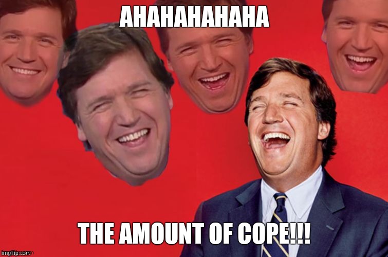 Tucker laughs at libs | AHAHAHAHAHA THE AMOUNT OF COPE!!! | image tagged in tucker laughs at libs | made w/ Imgflip meme maker