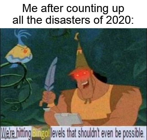 How many more disasters are we gonna have? | Me after counting up all the disasters of 2020: | image tagged in we're hitting bingo levels that shouldn't even be possible,2020,2020 sucks | made w/ Imgflip meme maker