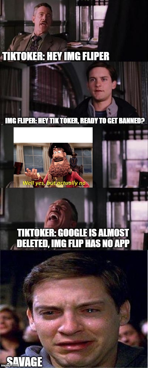Please dont!!!! ImgFlip is Life!! | TIKTOKER: HEY IMG FLIPER; IMG FLIPER: HEY TIK TOKER, READY TO GET BANNED? TIKTOKER: GOOGLE IS ALMOST DELETED, IMG FLIP HAS NO APP; SAVAGE | image tagged in memes,peter parker cry | made w/ Imgflip meme maker
