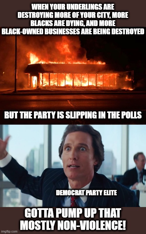 WHEN YOUR UNDERLINGS ARE DESTROYING MORE OF YOUR CITY, MORE BLACKS ARE DYING, AND MORE BLACK-OWNED BUSINESSES ARE BEING DESTROYED; BUT THE PARTY IS SLIPPING IN THE POLLS; DEMOCRAT PARTY ELITE; GOTTA PUMP UP THAT MOSTLY NON-VIOLENCE! | image tagged in matthew mcconaughey wolf of wall street hd large,memes,stupid liberals,rioting and looting,blm,election 2020 | made w/ Imgflip meme maker