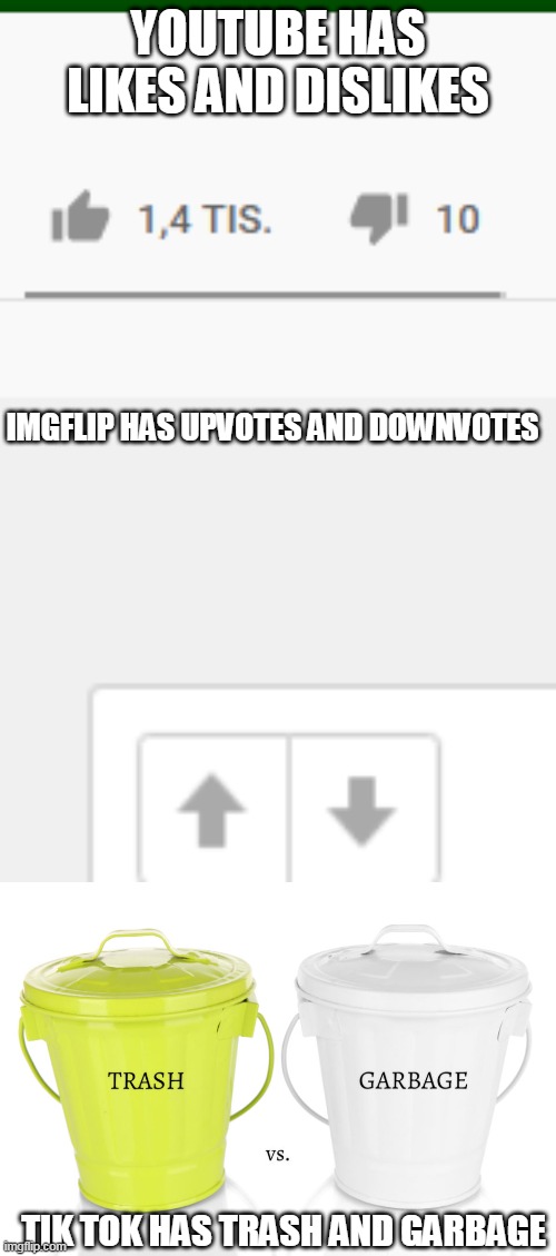 yet another tiktok meme | YOUTUBE HAS LIKES AND DISLIKES; IMGFLIP HAS UPVOTES AND DOWNVOTES; TIK TOK HAS TRASH AND GARBAGE | image tagged in youtube,imgflip,tiktok,memes,funny | made w/ Imgflip meme maker