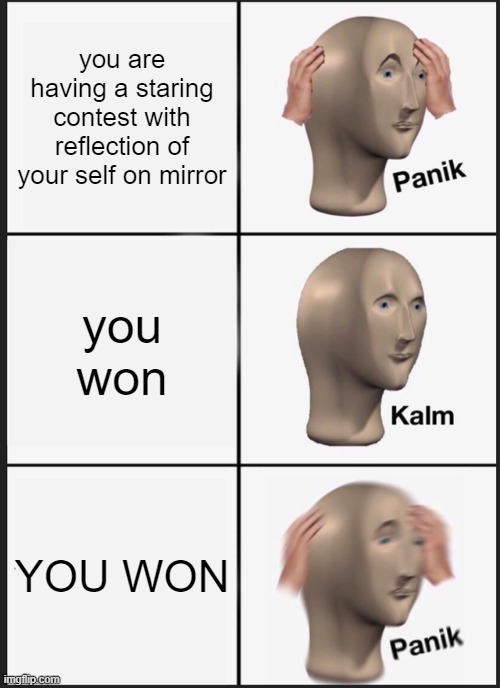 Panik Kalm Panik Meme | you are having a staring contest with reflection of your self on mirror; you won; YOU WON | image tagged in memes,panik kalm panik | made w/ Imgflip meme maker