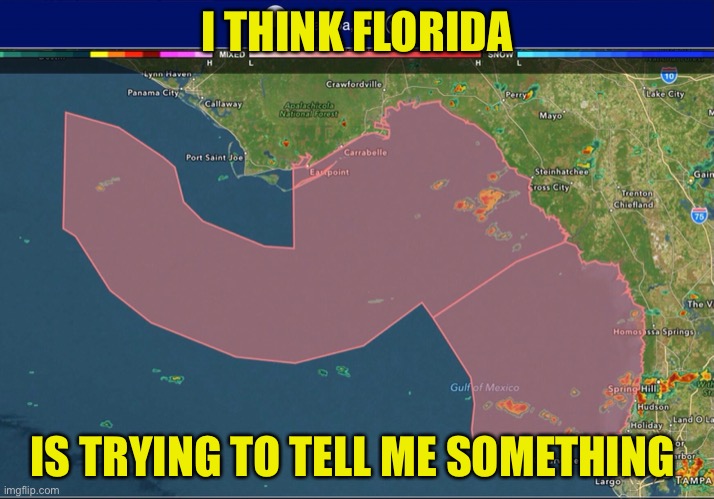 Florida woody | I THINK FLORIDA; IS TRYING TO TELL ME SOMETHING | image tagged in florida,weather,map,woody,suggestive | made w/ Imgflip meme maker