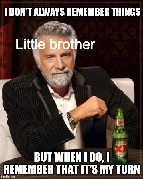 meemememememe | I DON'T ALWAYS REMEMBER THINGS; Little brother; BUT WHEN I DO, I REMEMBER THAT IT'S MY TURN | image tagged in memes,the most interesting man in the world | made w/ Imgflip meme maker