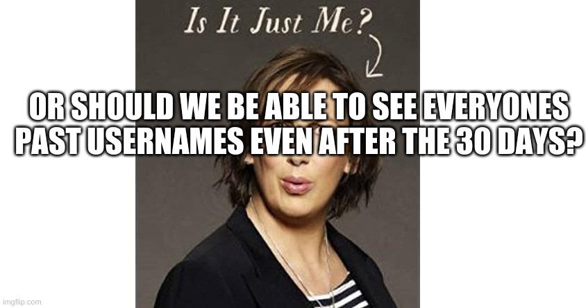 Miranda Hart | OR SHOULD WE BE ABLE TO SEE EVERYONES PAST USERNAMES EVEN AFTER THE 30 DAYS? | image tagged in miranda hart | made w/ Imgflip meme maker