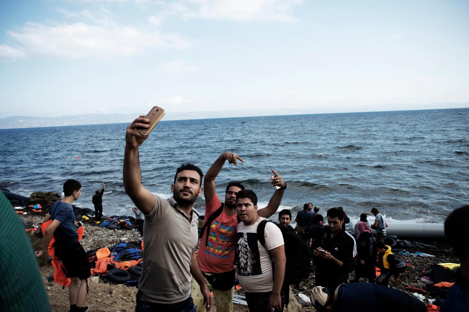 Migrants with phone Blank Meme Template