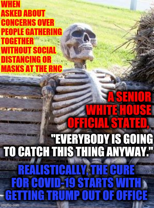 Everybody Includes Donald Trump | WHEN ASKED ABOUT CONCERNS OVER PEOPLE GATHERING TOGETHER WITHOUT SOCIAL DISTANCING OR MASKS AT THE RNC; A SENIOR WHITE HOUSE OFFICIAL STATED, "EVERYBODY IS GOING TO CATCH THIS THING ANYWAY."; REALISTICALLY, THE CURE FOR COVID-19 STARTS WITH GETTING TRUMP OUT OF OFFICE | image tagged in memes,waiting skeleton,trump unfit unqualified dangerous,liar in chief,crimes against humanity,trump traitor | made w/ Imgflip meme maker