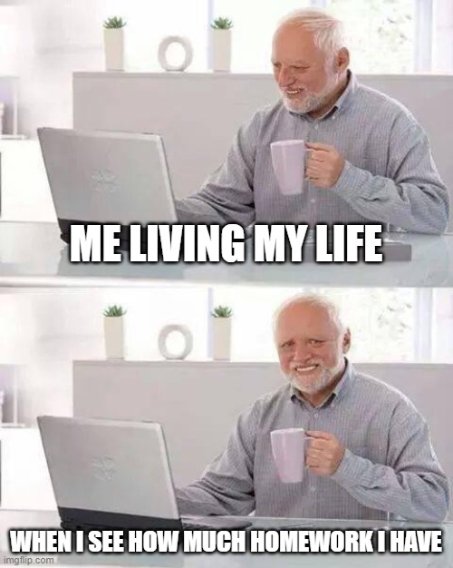 Hide the Pain Harold | ME LIVING MY LIFE; WHEN I SEE HOW MUCH HOMEWORK I HAVE | image tagged in memes,hide the pain harold | made w/ Imgflip meme maker