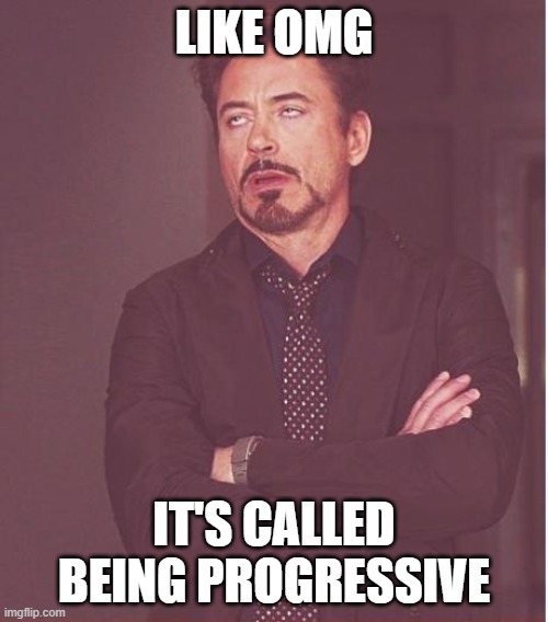 Face You Make Robert Downey Jr Meme | LIKE OMG; IT'S CALLED BEING PROGRESSIVE | image tagged in memes,face you make robert downey jr,progressive,funny,reactions,mfw | made w/ Imgflip meme maker