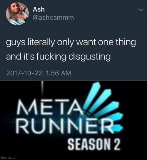 Meta runner season 2 will be the only good thing that happened in 2020 | image tagged in guys only want 1 thing,smg4,memes | made w/ Imgflip meme maker
