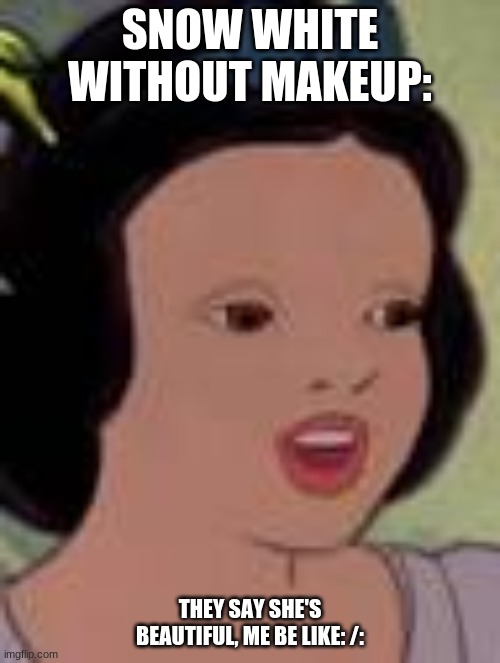 Ugly princess | SNOW WHITE WITHOUT MAKEUP:; THEY SAY SHE'S BEAUTIFUL, ME BE LIKE: /: | image tagged in snow white,funny | made w/ Imgflip meme maker
