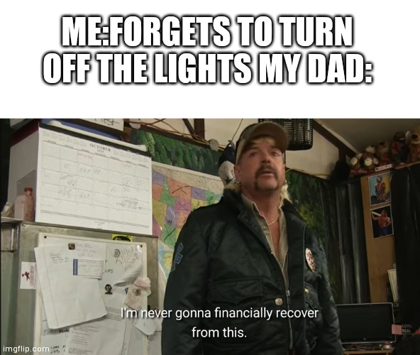 I'm never going to financially recover from this | ME:FORGETS TO TURN OFF THE LIGHTS MY DAD: | image tagged in i'm never going to financially recover from this | made w/ Imgflip meme maker