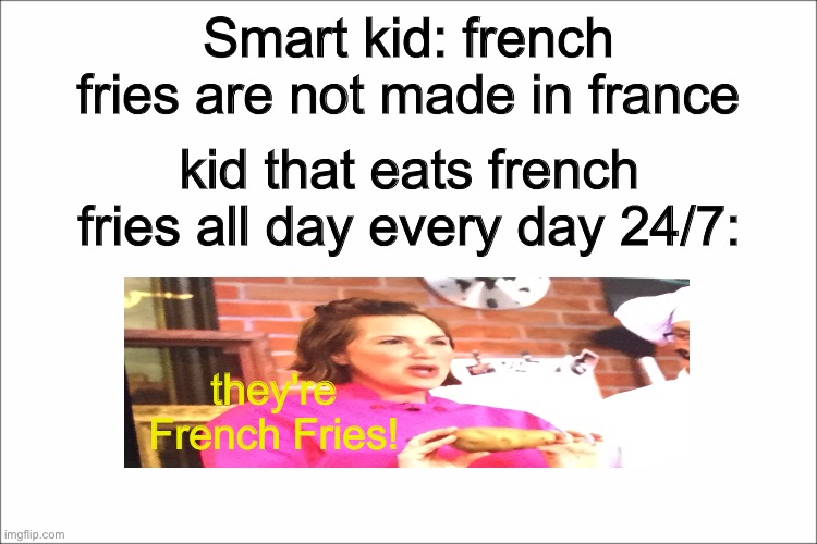 don't bully on him for liking frech fries dude | Smart kid: french fries are not made in france; kid that eats french fries all day every day 24/7:; they're French Fries! | image tagged in white,french fries,xd | made w/ Imgflip meme maker
