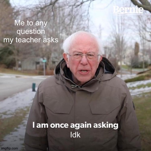 Bernie I Am Once Again Asking For Your Support | Me to any question my teacher asks; Idk | image tagged in memes,bernie i am once again asking for your support | made w/ Imgflip meme maker