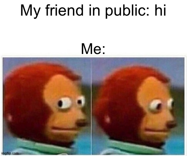 Monkey Puppet | My friend in public: hi; Me: | image tagged in memes,monkey puppet | made w/ Imgflip meme maker