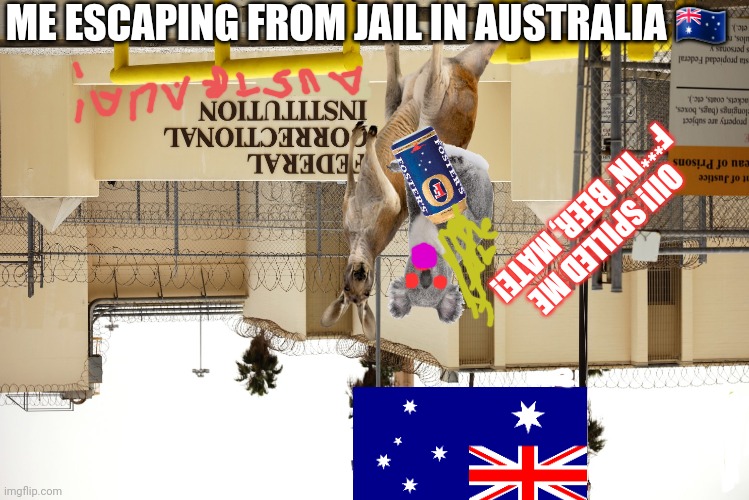 Australian jail | ME ESCAPING FROM JAIL IN AUSTRALIA 🇭🇲; OII! SPILLED ME F***IN' BEER, MATE! | image tagged in meanwhile in australia,prison escape | made w/ Imgflip meme maker