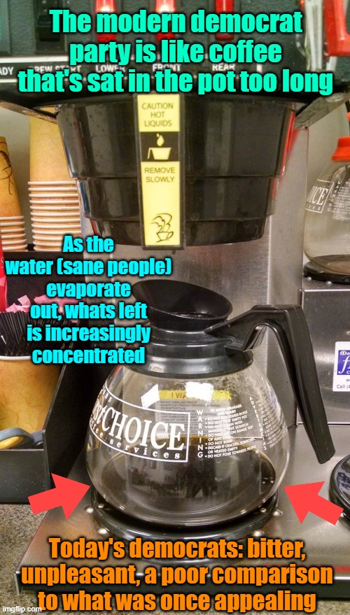 Yuck | The modern democrat party is like coffee that's sat in the pot too long; As the water (sane people) evaporate out, whats left is increasingly concentrated; Today's democrats: bitter, unpleasant, a poor comparison to what was once appealing | image tagged in democrats,radical,coffee time | made w/ Imgflip meme maker