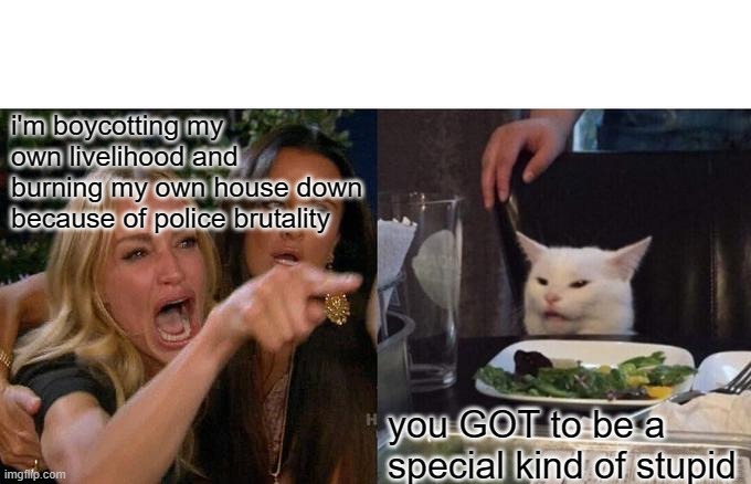 Woman Yelling At Cat | i'm boycotting my own livelihood and burning my own house down because of police brutality; you GOT to be a special kind of stupid | image tagged in memes,woman yelling at cat | made w/ Imgflip meme maker