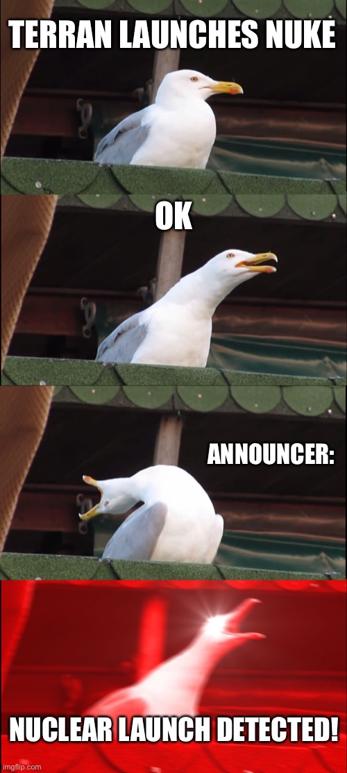 Inhaling Seagull Meme | TERRAN LAUNCHES NUKE OK ANNOUNCER: NUCLEAR LAUNCH DETECTED! | image tagged in memes,inhaling seagull | made w/ Imgflip meme maker