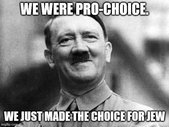 adolf hitler | WE WERE PRO-CHOICE. WE JUST MADE THE CHOICE FOR JEW | image tagged in adolf hitler | made w/ Imgflip meme maker