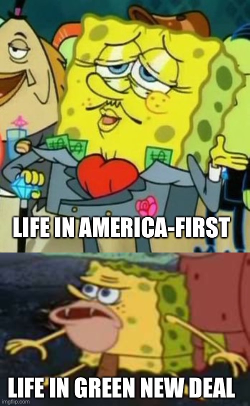 Fun | LIFE IN AMERICA-FIRST; LIFE IN GREEN NEW DEAL | image tagged in memes,spongegar,spongebob rich,funny | made w/ Imgflip meme maker