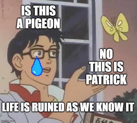 Is This A Pigeon Meme | IS THIS A PIGEON; NO THIS IS PATRICK; LIFE IS RUINED AS WE KNOW IT | image tagged in memes,is this a pigeon | made w/ Imgflip meme maker