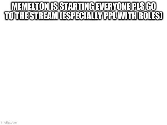 Pls go | MEMELTON IS STARTING EVERYONE PLS GO TO THE STREAM (ESPECIALLY PPL WITH ROLES) | image tagged in blank white template | made w/ Imgflip meme maker