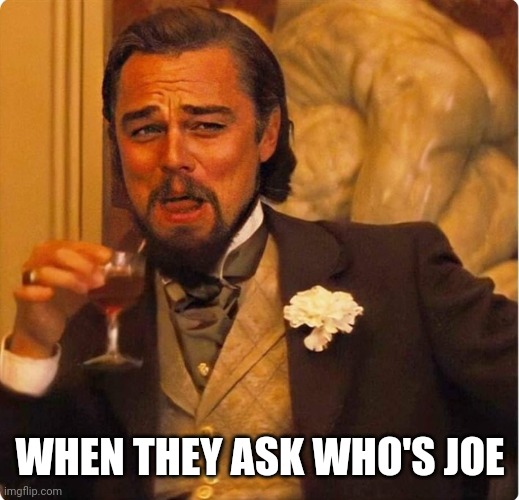 Got em | WHEN THEY ASK WHO'S JOE | image tagged in laughing leonardo di caprio | made w/ Imgflip meme maker