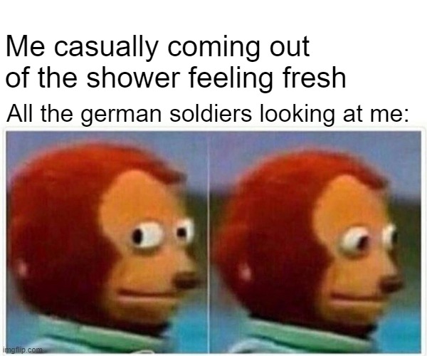 Would Jew Look at That? | Me casually coming out of the shower feeling fresh; All the german soldiers looking at me: | image tagged in memes,monkey puppet | made w/ Imgflip meme maker