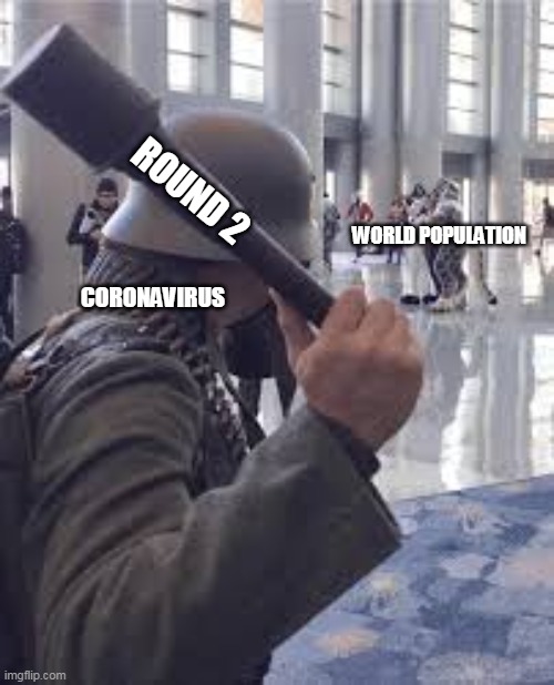 Do you think it's over? | ROUND 2; WORLD POPULATION; CORONAVIRUS | image tagged in german soldier throwing grenade at furries,2020,covid-19,memes | made w/ Imgflip meme maker