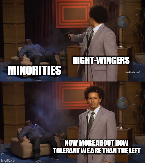 Hypocrisy | RIGHT-WINGERS; MINORITIES; NOW MORE ABOUT HOW TOLERANT WE ARE THAN THE LEFT | image tagged in memes,who killed hannibal,right wing,right-wing,minorities,tolerance | made w/ Imgflip meme maker