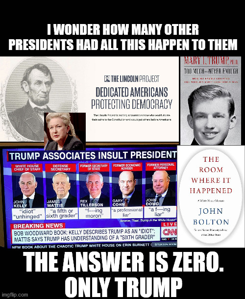 His own party, admin, and family turned on him.  Why are YOU so brainwashed???  Open your eyes. | I WONDER HOW MANY OTHER PRESIDENTS HAD ALL THIS HAPPEN TO THEM; THE ANSWER IS ZERO.
ONLY TRUMP | image tagged in mary trump,trump,lincoln project | made w/ Imgflip meme maker