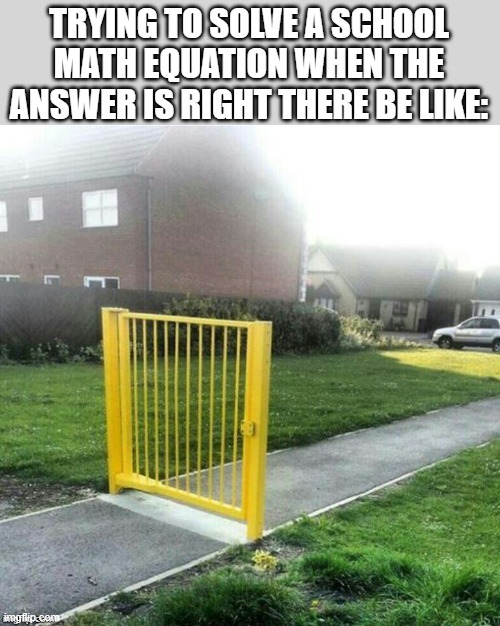 TRYING TO SOLVE A SCHOOL MATH EQUATION WHEN THE ANSWER IS RIGHT THERE BE LIKE: | image tagged in math,problem solving,memes | made w/ Imgflip meme maker