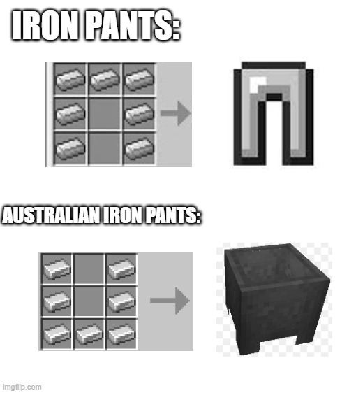 Only true  gamers get this | IRON PANTS:; AUSTRALIAN IRON PANTS: | image tagged in blank white template,minecraft,iron | made w/ Imgflip meme maker