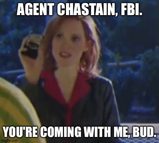 You're coming with me, bud. | AGENT CHASTAIN, FBI. YOU'RE COMING WITH ME, BUD. | image tagged in agent chastain | made w/ Imgflip meme maker