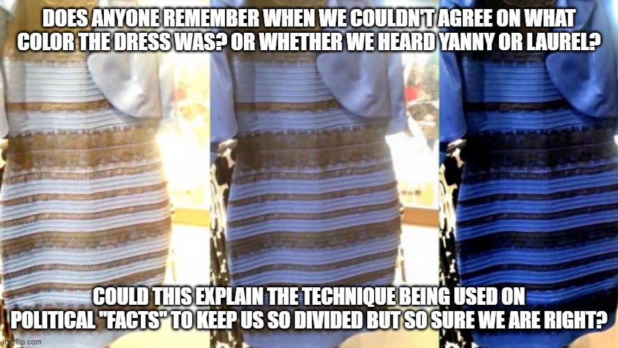What Color Is The Dress | DOES ANYONE REMEMBER WHEN WE COULDN'T AGREE ON WHAT COLOR THE DRESS WAS? OR WHETHER WE HEARD YANNY OR LAUREL? COULD THIS EXPLAIN THE TECHNIQUE BEING USED ON POLITICAL "FACTS" TO KEEP US SO DIVIDED BUT SO SURE WE ARE RIGHT? | image tagged in what color is the dress | made w/ Imgflip meme maker