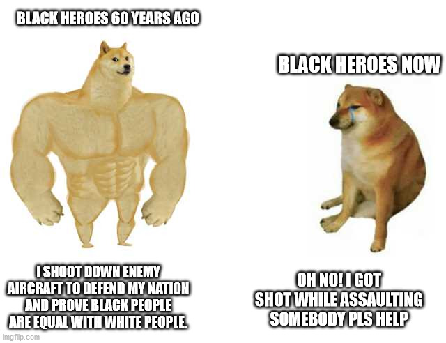 The Tuskegee Airmen are real heroes. | BLACK HEROES 60 YEARS AGO; BLACK HEROES NOW; I SHOOT DOWN ENEMY AIRCRAFT TO DEFEND MY NATION AND PROVE BLACK PEOPLE ARE EQUAL WITH WHITE PEOPLE. OH NO! I GOT SHOT WHILE ASSAULTING SOMEBODY PLS HELP | image tagged in strong doge weak doge | made w/ Imgflip meme maker