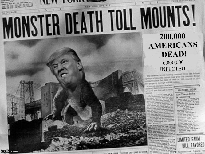COVID-19 KILLER | 200,000 
AMERICANS 
DEAD! 6,000,000
INFECTED! | image tagged in maga,covid-19,gop death cult,trump genocide | made w/ Imgflip meme maker