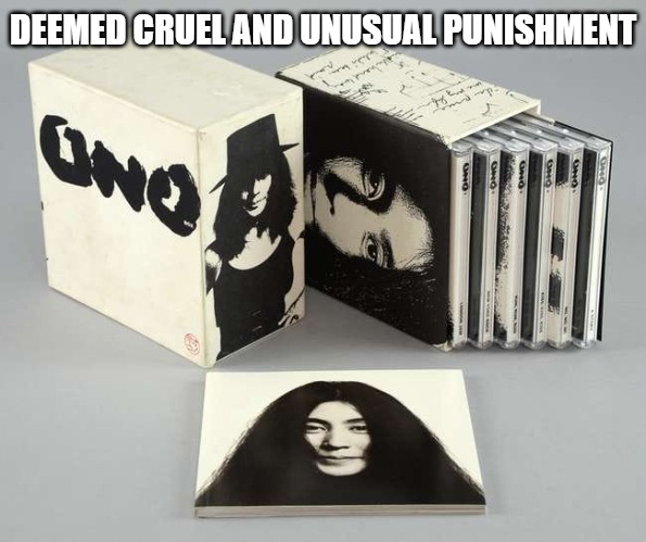 Cruel and Unusual | DEEMED CRUEL AND UNUSUAL PUNISHMENT | image tagged in yoko,horrible,music,funny,truth | made w/ Imgflip meme maker