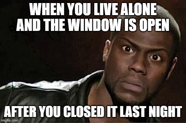 Kevin Hart | WHEN YOU LIVE ALONE AND THE WINDOW IS OPEN; AFTER YOU CLOSED IT LAST NIGHT | image tagged in memes,kevin hart | made w/ Imgflip meme maker
