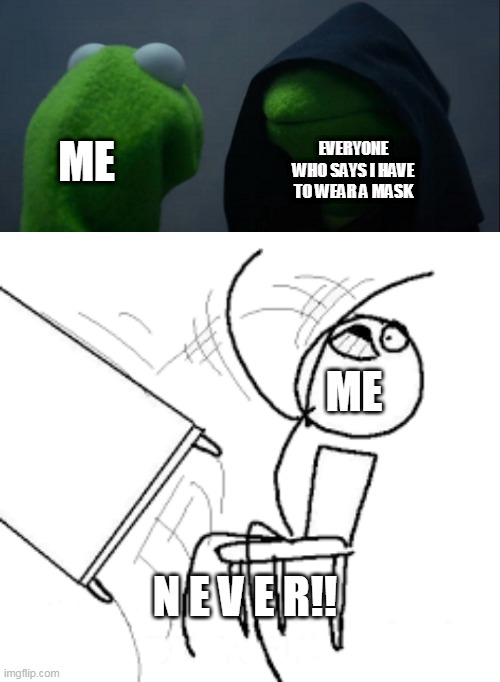 EVERYONE WHO SAYS I HAVE TO WEAR A MASK; ME; ME; N E V E R!! | image tagged in memes,evil kermit | made w/ Imgflip meme maker