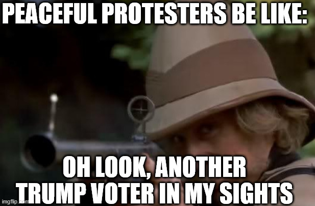 The new normal apparently | PEACEFUL PROTESTERS BE LIKE:; OH LOOK, ANOTHER TRUMP VOTER IN MY SIGHTS | image tagged in jumanji hunter,rioters,execution,trump 2020,angry mob | made w/ Imgflip meme maker