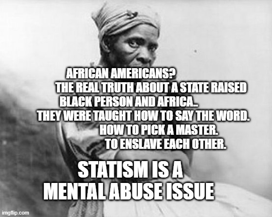 slave lady | AFRICAN AMERICANS?                            THE REAL TRUTH ABOUT A STATE RAISED BLACK PERSON AND AFRICA..          
            THEY WERE TAUGHT HOW TO SAY THE WORD.                               HOW TO PICK A MASTER.                                  TO ENSLAVE EACH OTHER. STATISM IS A MENTAL ABUSE ISSUE | image tagged in slave lady | made w/ Imgflip meme maker