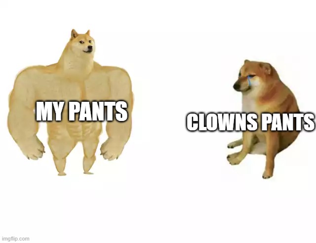 Buff Doge vs. Cheems | MY PANTS; CLOWNS PANTS | image tagged in buff doge vs cheems | made w/ Imgflip meme maker