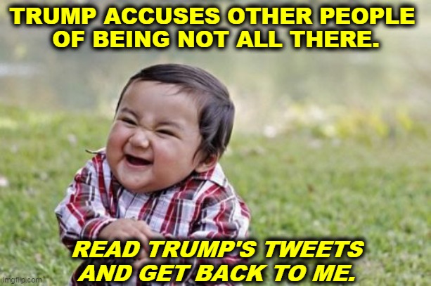 Pot, meet kettle. | TRUMP ACCUSES OTHER PEOPLE 
OF BEING NOT ALL THERE. READ TRUMP'S TWEETS
AND GET BACK TO ME. | image tagged in memes,evil toddler,trump,tweet,insane,lock him up | made w/ Imgflip meme maker