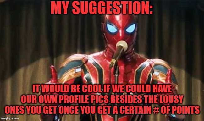 They would have to be appropriate though. | MY SUGGESTION:; IT WOULD BE COOL IF WE COULD HAVE OUR OWN PROFILE PICS BESIDES THE LOUSY ONES YOU GET ONCE YOU GET A CERTAIN # OF POINTS | image tagged in spider-man thumbs up,imgflip,suggestion | made w/ Imgflip meme maker