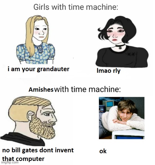 image tagged in bill gates,time machine,amish | made w/ Imgflip meme maker