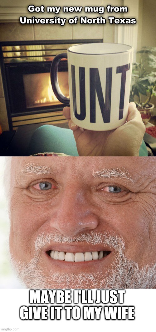 THEY KNEW WHAT THEY MADE | MAYBE I'LL JUST GIVE IT TO MY WIFE | image tagged in hide the pain harold,memes,mug,fail,cunt | made w/ Imgflip meme maker