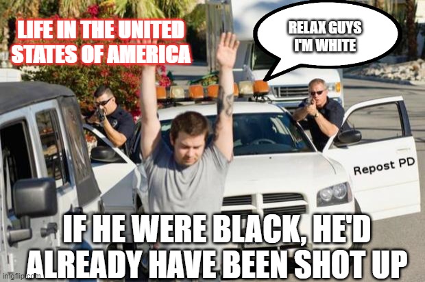 Sound about WHITE | LIFE IN THE UNITED STATES OF AMERICA; RELAX GUYS
I'M WHITE; IF HE WERE BLACK, HE'D ALREADY HAVE BEEN SHOT UP | image tagged in police state,racists,scumbags,america | made w/ Imgflip meme maker